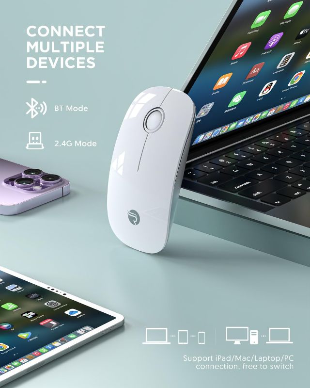 Photo 3 of RAPIQUE Bluetooth Wireless Mouse - (BT5.1+USB) Slim Dual Mode Computer Mice with Quiet Click, Low Power, and 1600 DPI, Portable Cordless for MacBook, Laptop, iPad Pro/Air, Chromebook (White)
