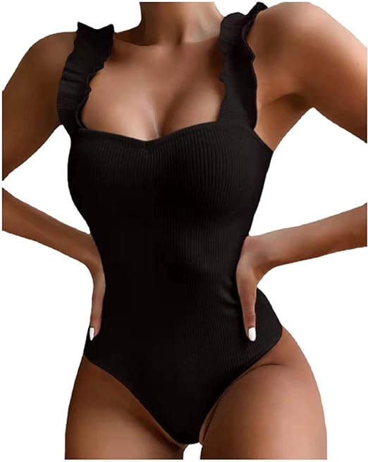 Photo 1 of M TUNUSKAT One Piece Bathing Suit for Women Summer Ruffle Strap Tummy Control Swimsuit Solid Push Up Bikini Monokini Beachwear
