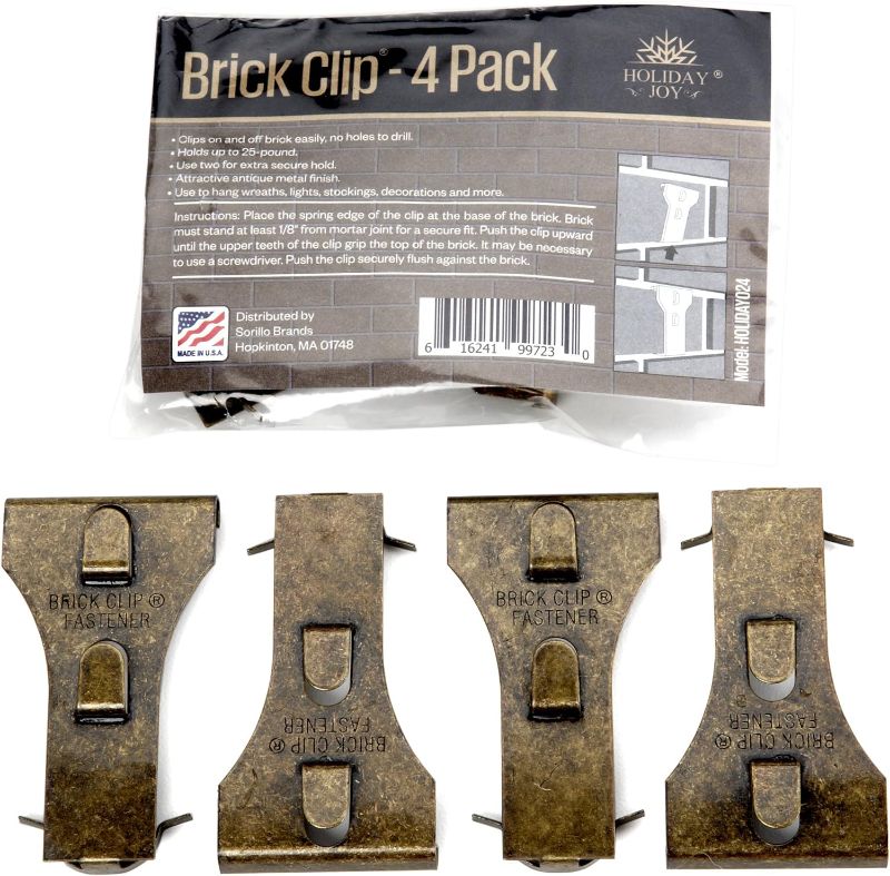 Photo 1 of Holiday Joy Brick Clips for Hanging Outdoors Indoors - Pack of 4 Hooks to Hang Wall Decor, Planters, Pictures, Christmas Decorations, & Wreaths up to 25 Pounds - Hanger Fits 2-1/8 to 2-1/3 Inch Bricks
