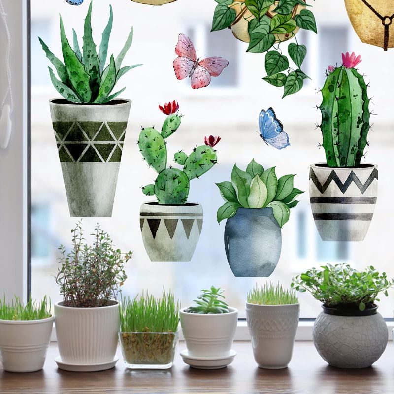 Photo 1 of Summer Potted Plant Window Clings 9 Sheets, Cactus Succulent Wall Glass Stickers Decal Hanging Bonsai Decor, Tropical Botanical Palm Leaves Home Kitchen Decorations