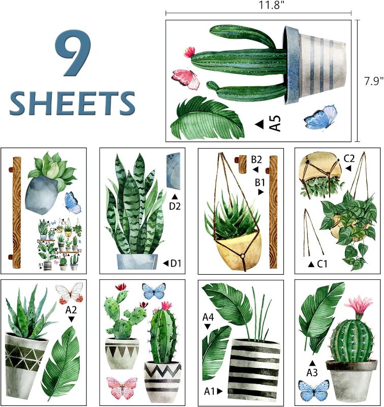 Photo 3 of Summer Potted Plant Window Clings 9 Sheets, Cactus Succulent Wall Glass Stickers Decal Hanging Bonsai Decor, Tropical Botanical Palm Leaves Home Kitchen Decorations