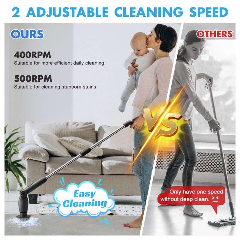 Photo 3 of HOOFUN Electric Spin Scrubber, Cordless Bath Power Scrubber with Long Handle & 8 Replaceable Heads, Adjustable Extension Handle, Detachable as Short Handle, 2 Speeds & Remote Control
