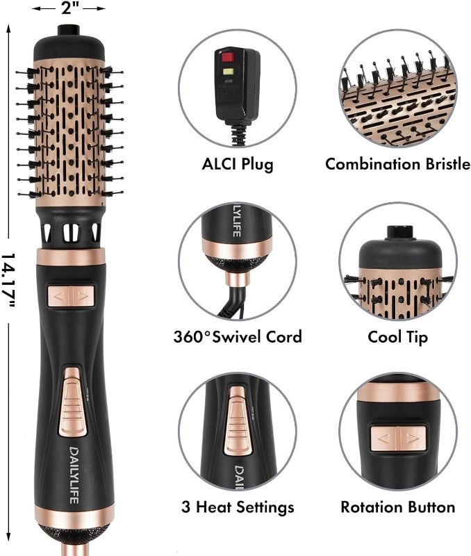 Photo 4 of  DAILYLIFE Blow Dryer Brush, Rotating Hair Dryer Brush with 2 Brushes (2" & 1.5"), Ceramic & Ionic Technology, Black & Gold 
