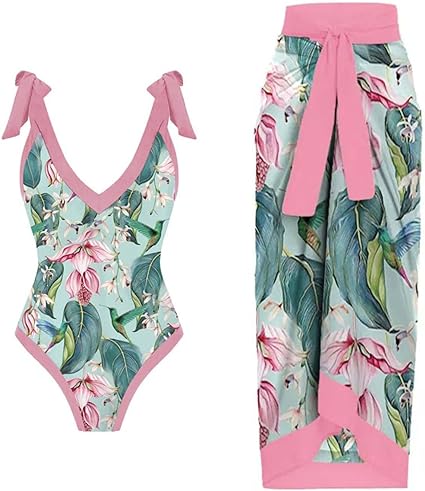 Photo 1 of M Tropical Flower Landscape Monokini Bathing Suit with Cover Ups Sporlike Women Swimsuit 2 Piece Trendy Swimming 
 