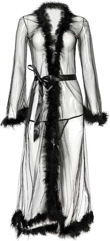 View 1 of (XL/2XL) Women's Kimono Robe Tulle with Feather Photoshoot Bathrobe
