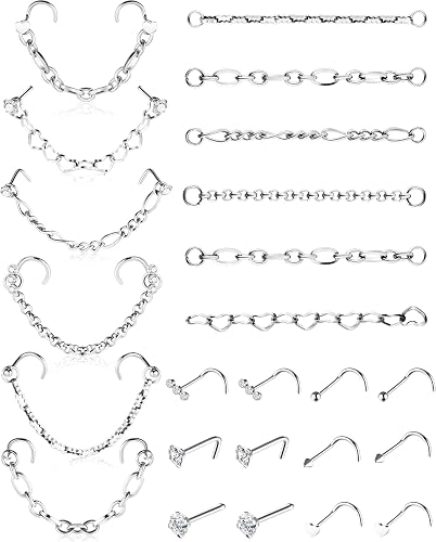 Photo 1 of MTLEE Nose Ring Chain Double Nose Stud CZ Heart Ball L-Shaped Stainless Steel Nostril Chain Piercing Jewelry