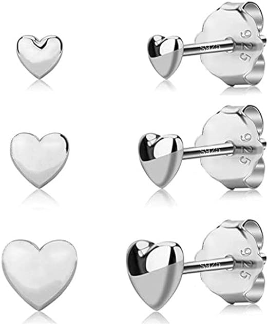 Photo 1 of 3 Pairs Tiny Love Heart Stud Earrings Sterling Silver Set for Women Girls Cute Cartilage 20g Studs Tragus Sleeper Post Pin Hypoallergenic Piercing Body Jewelry Christmas Valentine's Day Birthday Gifts

