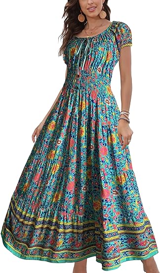 Photo 1 of M OSTOO Women's 2024 Summer Short Sleeves Boho Floral Print Tiered Casual Flowy Long Maxi Dress
