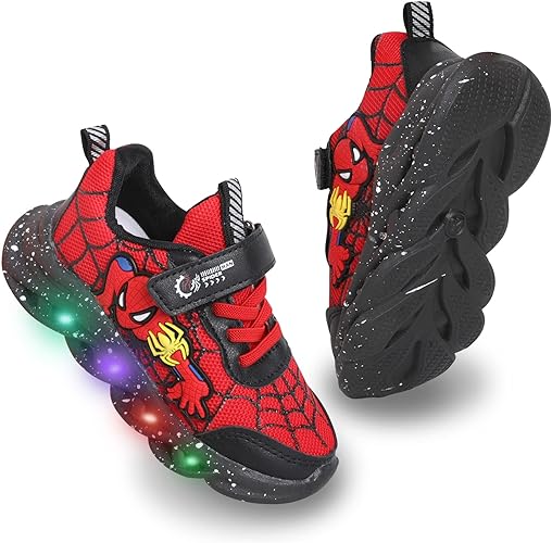 Photo 1 of 6-7Yrs toddler Boys Girls Light Up Shoes LED Lightweight Mesh Breathable Walking Sneakers Kids Spiderman Shoes Fashion Flashing Sneaker Athletic Running Shoe