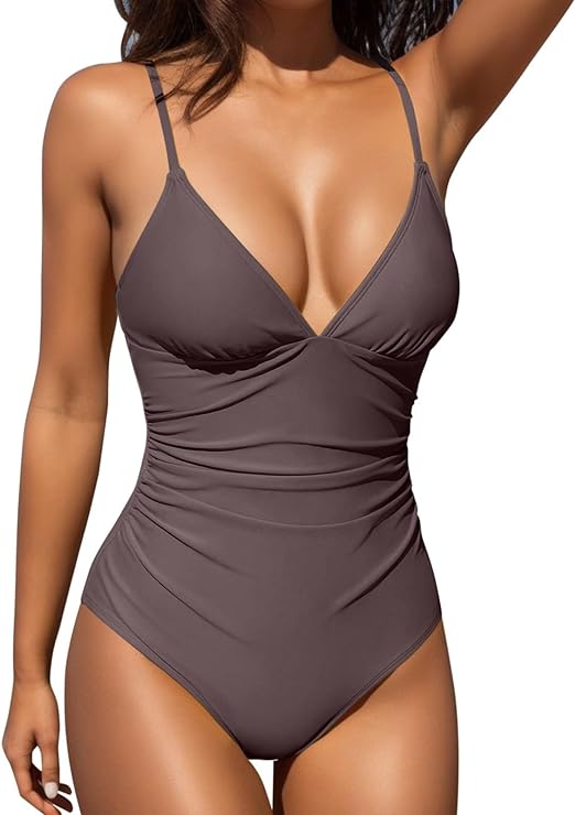 Photo 1 of Size L Solid Bathing Suit for Women Tummy Control V Neck Romper Spaghetti Straps Ruched Beach Summer Sexy One Piece Swimsuit Coffee
