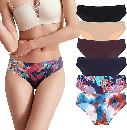 Photo 1 of S LEVAO Seamless Underwear for Women No Show Cheeky Bikini Invisibles Briefs Breathable Stretch Printed Bikini 6 Pack
