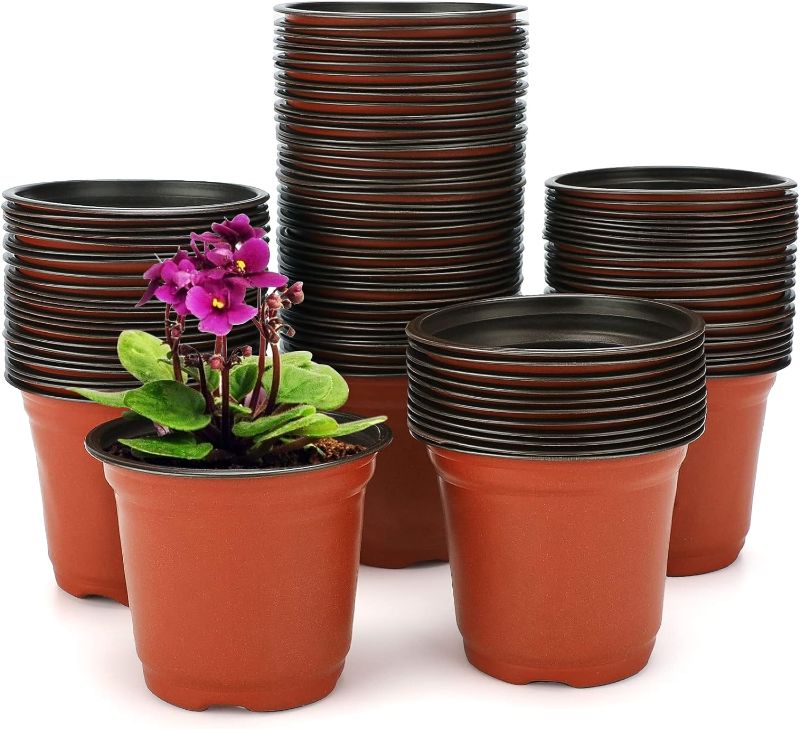 Photo 1 of KINGLAKE 100 Pcs 4" Plastic Plants Nursery Pot/Pots Seedlings Flower Plant Container Seed Starting Pots,4 Inch,Red
