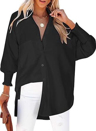 Photo 1 of 2XL Women's Smocked Cuffed Striped Boyfriend Shirt with Pocket Casual Collar Long Sleeve Blouse Tops for Pocket Shirred
