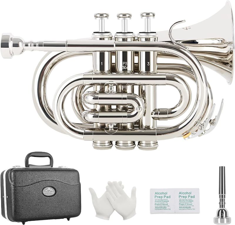 Photo 1 of EastRock Pocket Trumpet Brass Bb Nickel Plated Trumpet with 7 C Mouthpiece, Hard Case, Strap, White Gloves, Cleaning Kit for Students and Beginners
