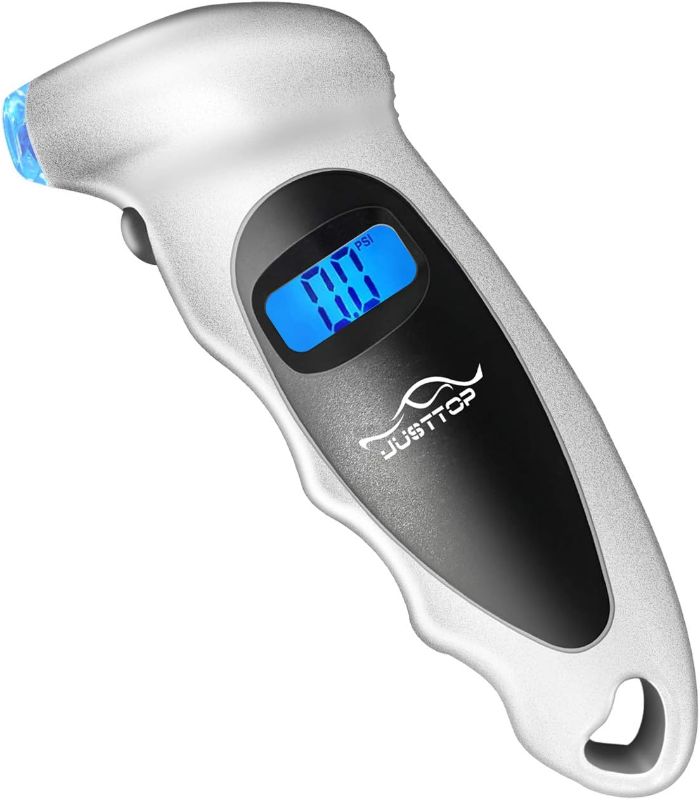 Photo 1 of JUSTTOP Digital Tire Pressure Gauge, 150PSI 4 Setting for Cars, Trucks and Bicycles, Backlit LCD and Anti-Skid Grip for Easy and Accurate Reading(Silver)
