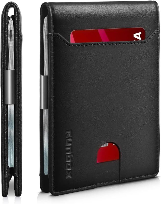 Photo 1 of RUNBOX Slim Wallets for Men - Leather Money Clip Mens Wallet - RFID Blocking Front Pocket Bifold Wallet - Minimalist Credit Card Holder with Gift Box
