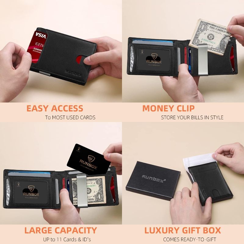 Photo 3 of RUNBOX Slim Wallets for Men - Leather Money Clip Mens Wallet - RFID Blocking Front Pocket Bifold Wallet - Minimalist Credit Card Holder with Gift Box
