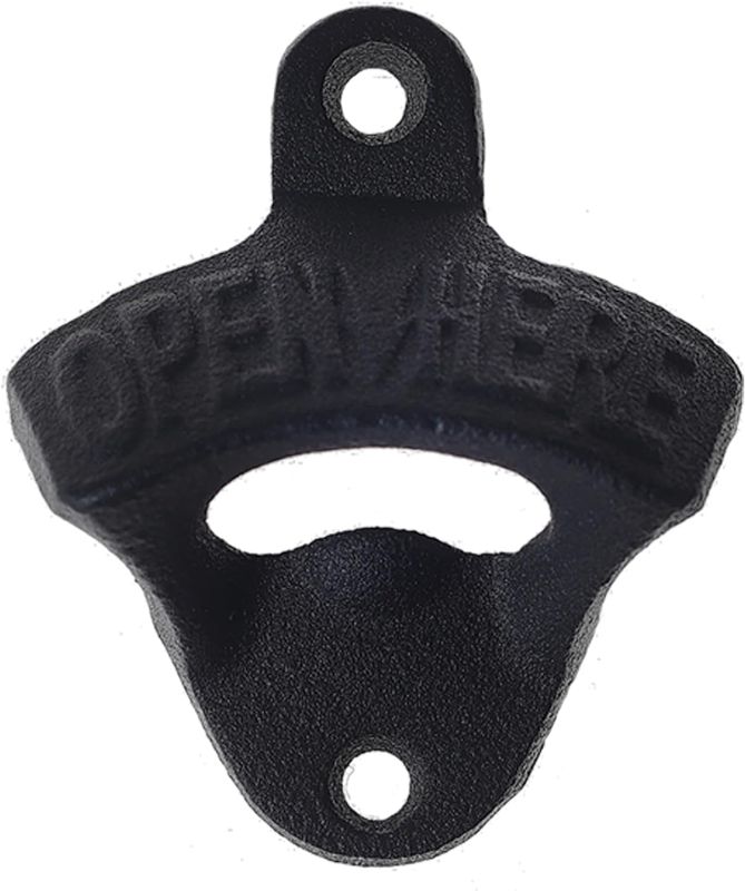 Photo 1 of  Black Cast Iron Bottle Opener Wall Mounted Beer Cap Opener Mountable Open Here for Man Cave Kitchen 6 PCS