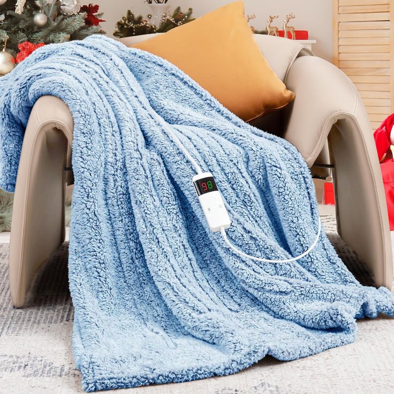 Photo 1 of RUJIPO Sherpa Electric Throw Blanket, 50x60 Inches, 10 Heating Levels, 5 Auto Off Options, Fast 5 Min Heating, Lap Warming Blanket for Office and Home, Blue
