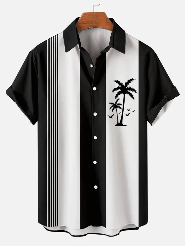 Photo 1 of L Hawaiian Coconut Tree Pattern Stitching Plain Printing Lapel Men's Short-sleeved Shirt
