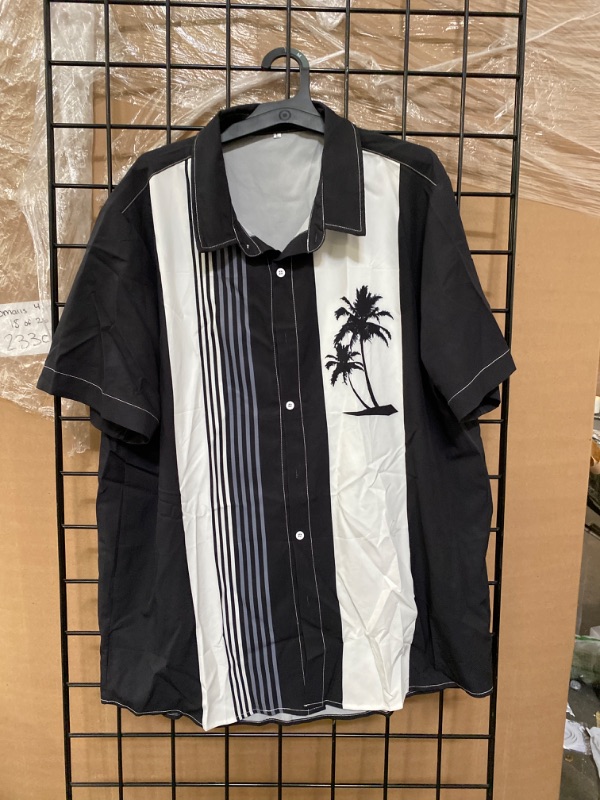 Photo 2 of L Hawaiian Coconut Tree Pattern Stitching Plain Printing Lapel Men's Short-sleeved Shirt
