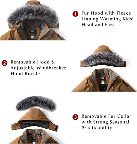 Photo 5 of Size 6-7 - ZSHOW Girls' Ski Jacket Waterproof Warm Winter Coat Fleece Hooded Raincoat with Detachable Faux Fur
