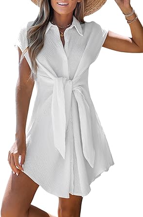 Photo 1 of M CUPSHE Women's Beach Cover Up Button Swimsuit Bathing Suit Cover Up Cap Sleeves Swin Cover Up Dress Tie Front
 