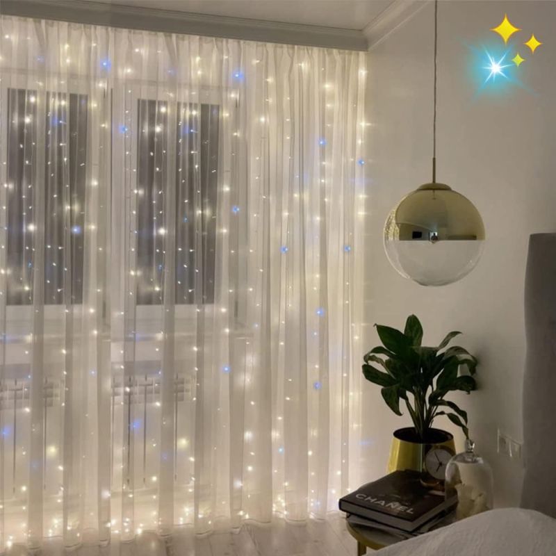 Photo 1 of Twinkle Warm White Curtain Lights Led Lighted Curtains Light Up String Starry Decorative Fairy Lights for Bedroom Living Room Wall Window Wedding Backdrop Tent Tapestry Christmas Xmas Decorations
