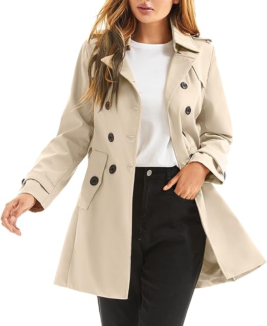 Photo 1 of M poonyfesh Women's Waterproof Trench Coat Double-Breasted Classic Lapel Petite Overcoat Belted Slim Outerwear Coat
