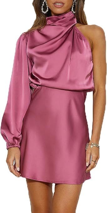 Photo 1 of M Women's Satin Long Sleeve One Shoulder Mini Dress Silk One Sleeve Turtle Neck Cut Out Cocktail Short Dress for Women
