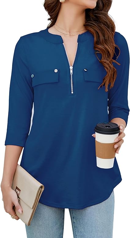 Photo 1 of L LuckyMore Women's 3/4 Sleeve Zip V Neck Business Casual Dressy Tunic Tops Work Shirts Blouses
