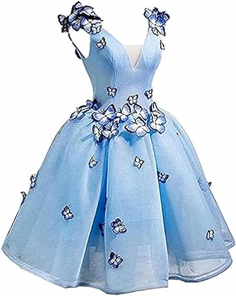Photo 1 of Size 4-6 Teens Short V Neck Butterfly Applique Prom Dresses Tulle Homecoming Party Dress
