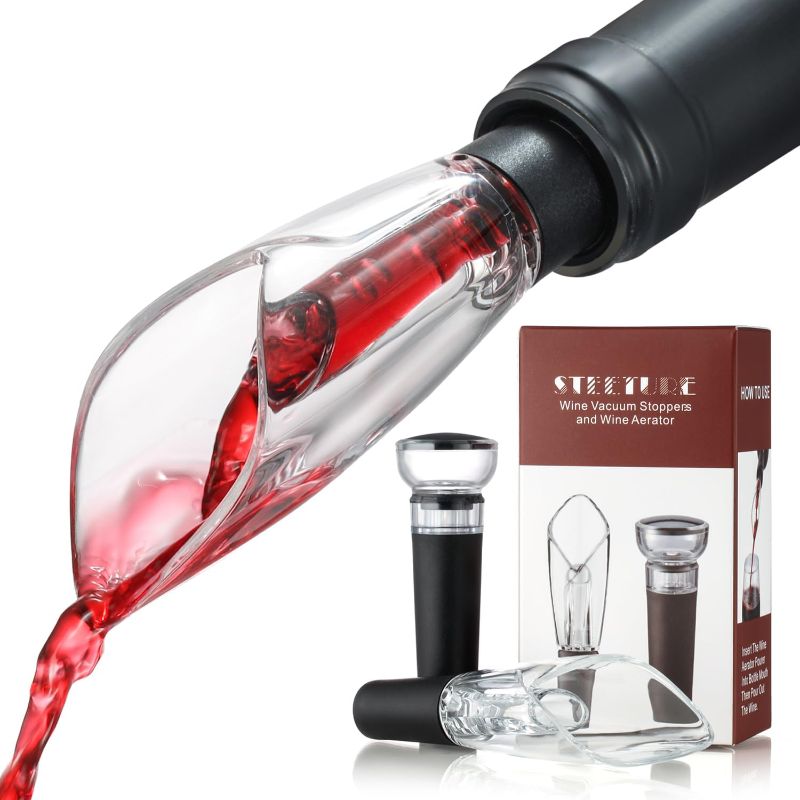 Photo 1 of STEETURE Wine Aerator Pourer Spout and Wine Stopper Vacuum Pump, Wine Decanter with Aerator Improved Flavor Enhanced Bouquet Bubbles, Bottle Corks Saver Sealer No Drip No Spill
