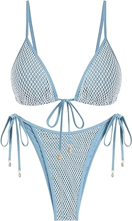 Photo 1 of Size 6 Women Triangle String Two Piece Bikini Fishnet Mesh Tie Shell Decor Tanga 2 Piece Swimsuit