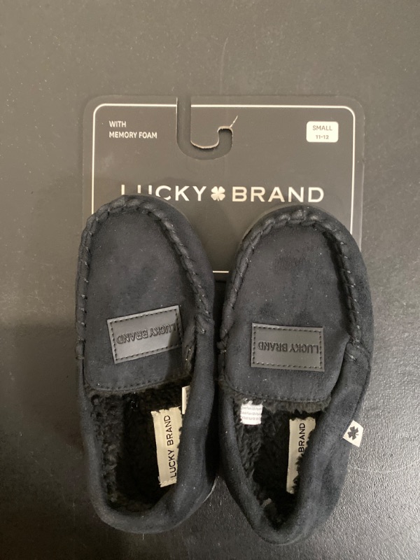 Photo 2 of Lucky Brand Boy's Micro Suede Fuzzy Lined Moccasin Slippers for Kids, Black, Size 11/12
