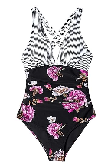 Photo 1 of M CUPSHE Women's One Piece V Neck Tummy Control Cross Back Vintage Swimsuit
