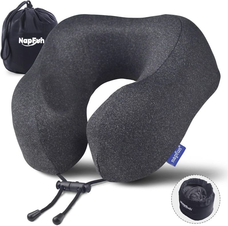 Photo 1 of napfun Travel Pillow, Travel Accessories & Travel Essentials for Airplane Upgraded 100% Pure Memory Foam Travel Neck Pillow for Flight Headrest Sleep, Portable Plane Necessities, Full Black
