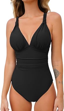 Photo 1 of M CUPSHE Women One Piece Swimsuit Deep V Neck Tummy Control Ruched V Back Classic Bathing Suits
