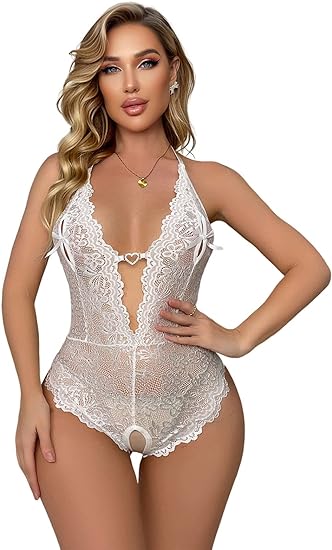 Photo 1 of S-M allribelly Women's Lace Bodysuit Sexy Teddy Lingerie Deep V Floral One Piece Babydoll Lingerie

