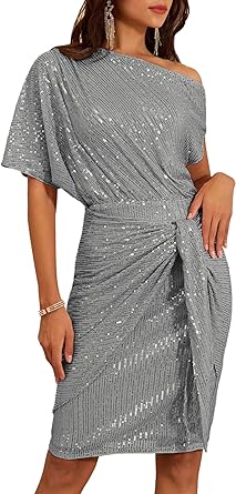 Photo 1 of M GRACE KARIN Women's Sequin Sparkly Glitter Party Club Dress One Shoulder Ruched Cocktail Bodycon Dress
