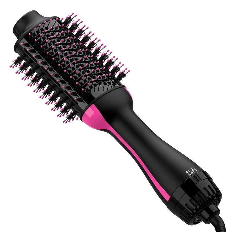 Photo 1 of Hair Dryer and Blow Dryer Brush in One, 4 in 1 Hair Dryer and Styler Volumizer with Negative Ion Anti-frizz Ceramic Titanium Barrel Hot Air Straightener Brush 75MM Oval Shape, Black/Pink
