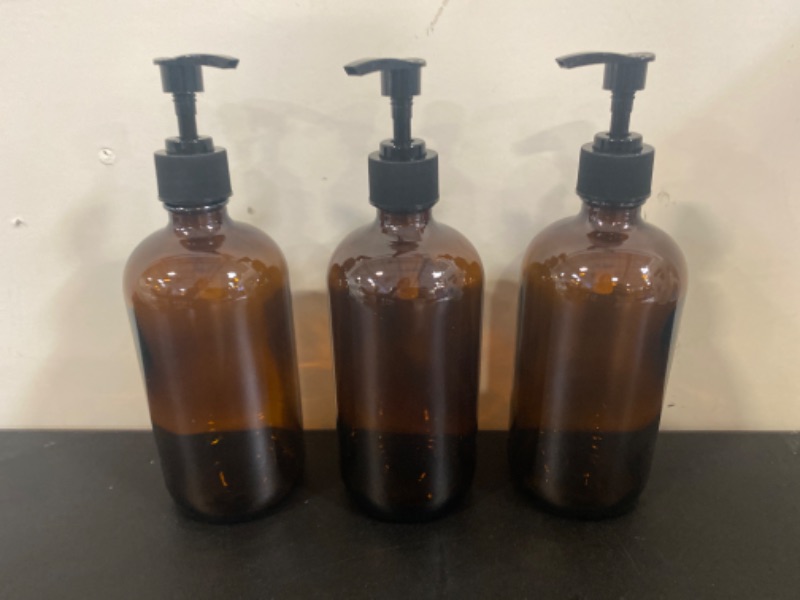 Photo 2 of Youngever 3 Pack Empty Amber Glass Pump Bottles, 3 Pack 16 Ounce Pump Bottles, Soap Dispenser, Refillable Containers

