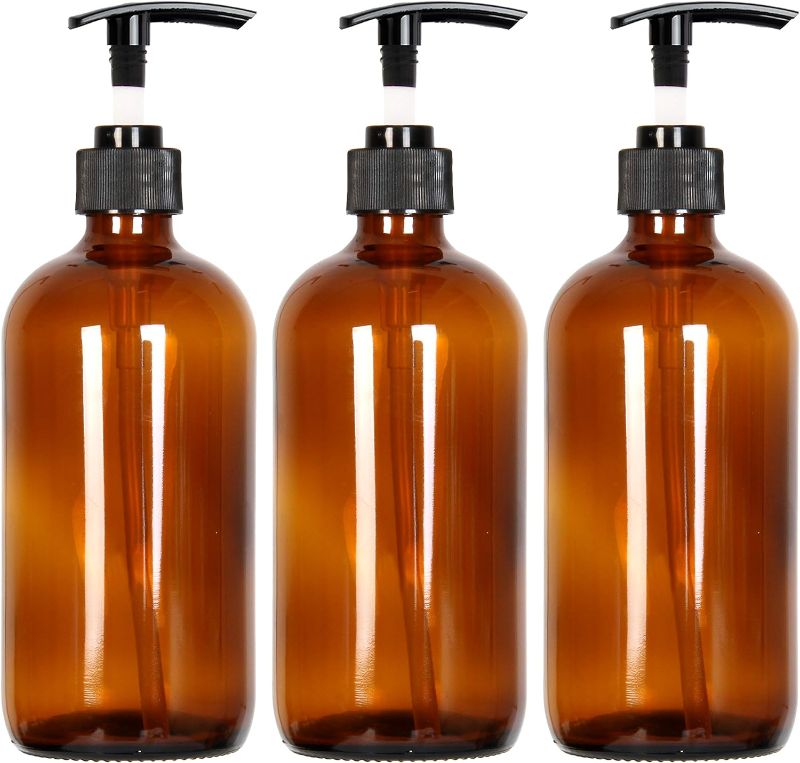 Photo 1 of Youngever 3 Pack Empty Amber Glass Pump Bottles, 3 Pack 16 Ounce Pump Bottles, Soap Dispenser, Refillable Containers
