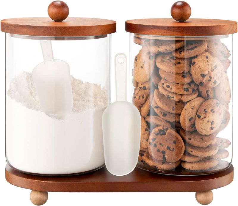 Photo 1 of FavorFlavor Set of 2 101OZ Glass Jars with Airtight Lids Canister Sets for Kitchen Counter Flour Glass Storage Containers with Wooden Lid and a Tray for Kitchen or Laundry Room
