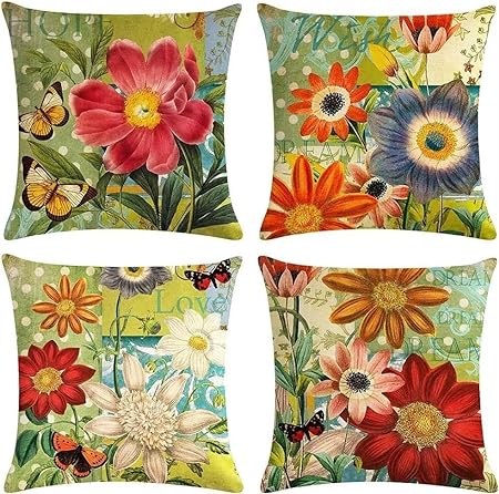 Photo 1 of Set of 4 Decorative Throw Pillow Covers 18x18 in Flowers Farmhouse Decor Living Room Summer Outdoor Pillows Case Oillows soft Aesthetic Throw Pillows for Couch Sofa Bed Furniture Home Patio Garden
