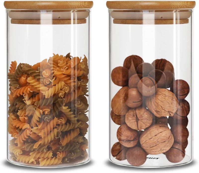 Photo 1 of Glass Storage Jars Set of 2(25oz/750ml) with Airtight Seal Bamboo Lid Stackable Kitchen Canisters for Candy, Coffee Bean Cookie, Rice, Sugar, Flour, Pasta, Nuts, Coffee
