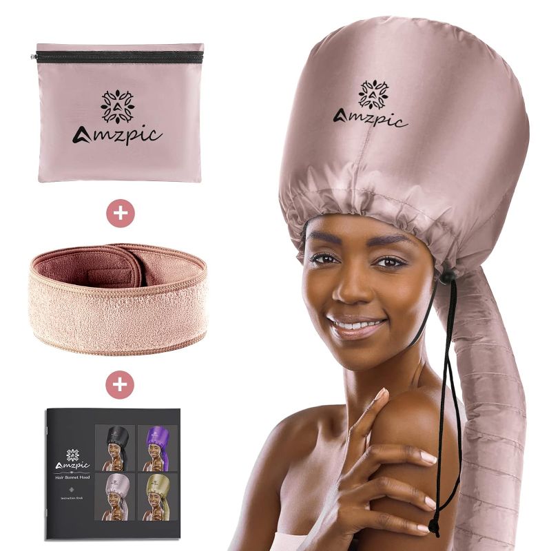 Photo 1 of Bonnet Hood Hair Dryer Attachment - Soft, Adjustable Extra Large Bonnet Hair Dryer for Speeds Up Drying Time at Home, Easy to Use for Styling, Curling and Deep Conditioning (Pink) & 24PCs of Small Hair Rollers
