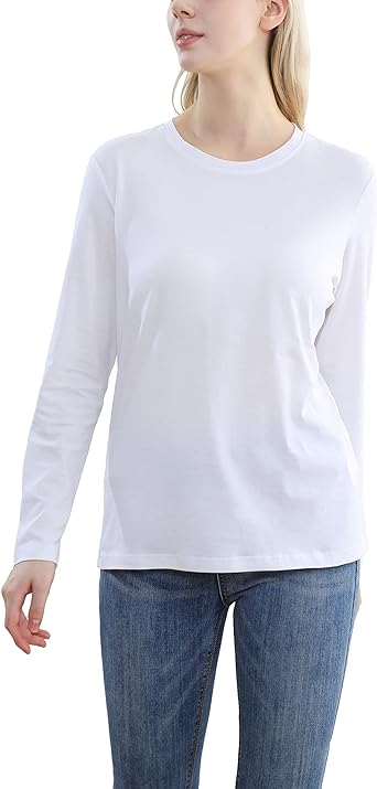 Photo 1 of M Women's Long Sleeve T-Shirt, Slim Fit Crewneck Lightweight Casual Tops Baselayer, Natural Soft Comfortable 100% Cotton