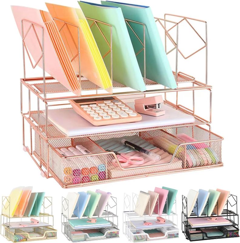 Photo 1 of Youbetia Desk Organizers and Desk Accessories - Rose Gold Desk Organizer with File Sorters, File Organizer with Drawer, Desk Accessories & Workspace Organizers for Office Supplies
