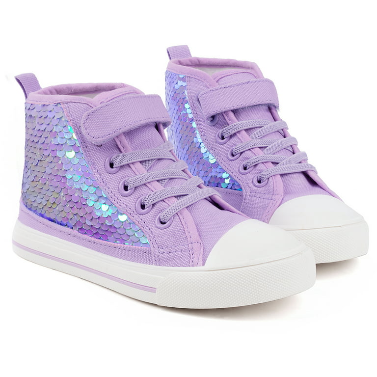 Photo 1 of Size 1 - Little Girls Kids Canvas Shoes Glitter Sneakers Toddler Sparkle Lace Up High Top Hook and Loop Straps Non Slip Lightweight Light Purple Size 1